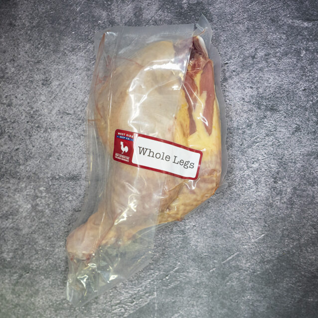 Whole chicken legs vacuum sealed in plastic packaging on a textured surface.